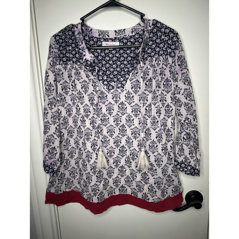 Two by Vince Camuto Womens Damask Print Tassel Peasant Blouse Lavender Blue S